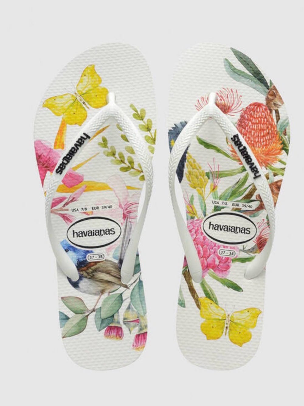 Havaianas White Floral & butterfly Flip Flops. The 8 is a 7/8 and 10 is a 9/10